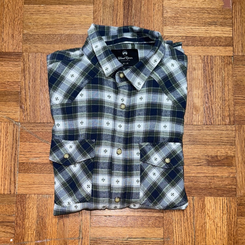 Wind River green and navy plaid button-up shirt